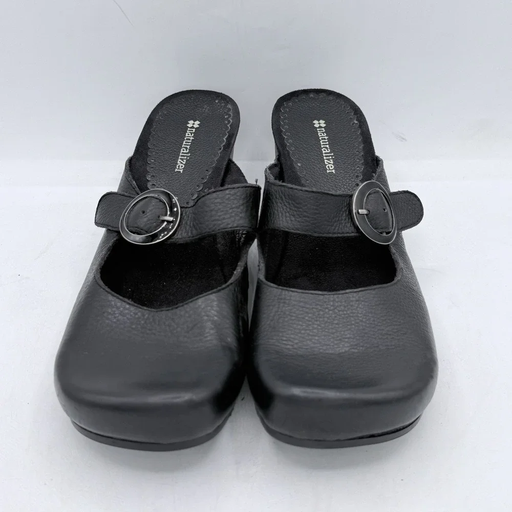 Naturalizer Gagan Black Leather Mary Jane Mules Wedge Shoes Buckle Women's Sz 10